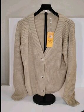 Cardigan, GRECERELLE Women's Beige Knit Button Front V-Neck  Sweater XL NWT